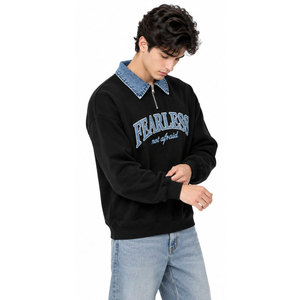 Sweat-shirt noir demi-zippé pour homme avec col rabattu en jean et appliqué lettres, pull décontracté - Product Image 5