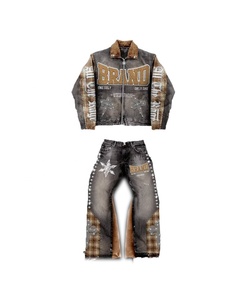 OEM ODM Manufacturer Denim Jacket <b>Jeans</b> Set Men Y2K Street Wear Sherpa Collar <b>Embroidered</b> Patchwork Eco-Friendly Loose Denim - Product Image 1