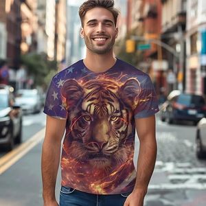 Men's Tiger Face <b>Animal</b> <b>Pattern</b> Short Sleeve O-Neck T-Shirt DTF Printed Street Style Oversized Fit <b>Knitted</b> 100% Cotton - Product Image 2