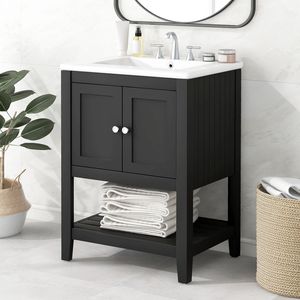 Meuble-lavabo de salle de bain moderne et élégant noir de 24 pouces avec lavabo en céramique raffiné, cadre en bois massif et étagère ouverte - Vidéo produit - Product Image 2