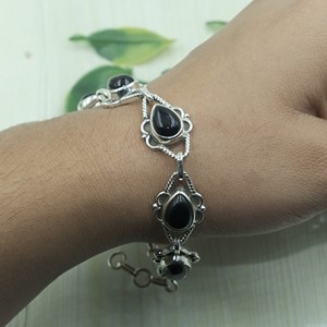 Natural Black Onyx <b>Gemstone</b> <b>Bracelet</b> Handmade 925 Sterling Silver Boho Teardrop Link Chain Jewelry Gift for Women Unisex Men Her - Product Image 5