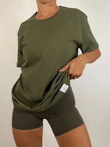 Camiseta de algodón de punto transpirable para mujer, cuello redondo, manga corta, holgada, color verde oliva, de gran tamaño, color liso - Product Image 3