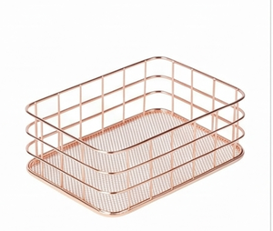 Fine Quality Rectangular Metal Wire <b>Storage</b> <b>Basket</b> Rose <b>Gold</b> Stackable Modern Design Multi Purpose Neatening Organizer - Product Image 1