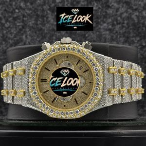 Montre mécanique chronographe Ice Look en acier inoxydable avec réserve de marche, cadran argenté et doré, lunette en cristal, bracelet, bijou de mode - Product Image 1