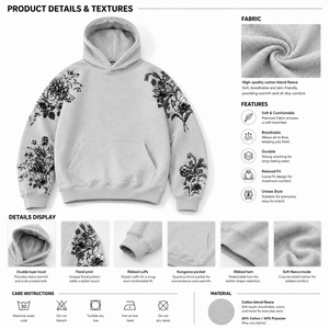 Sweat à capuche oversize gris à manches florales pour homme, en polaire OEM, style streetwear, vente en gros personnalisée B2B pour le marché américain - Product Image 5
