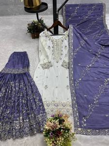 Traje Sharara de Seda Chinon de Diseñador con Bordado Pesado y Lentejuelas, y Dupatta – Conjunto Étnico para Mujer para Bodas y Fiestas - Product Image 3