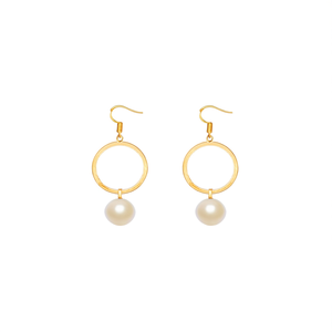 Pastel Pink Geometric Hoop Drop Earrings with Pearl and Gold Plating - Product Image 3