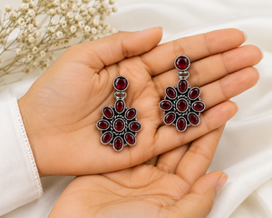 Wholesale Oxidized Silver-Plated Brass Flower Drop <b>Earrings</b> Red <b>Garnet</b> Bezel Set Women Jewelry Direct Factory Manufacturer - Product Image 4