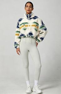 Cropped <b>Fleece</b> <b>Jacket</b> Women Stand Collar Zip Up Full Sleeve Geometric Print Soft <b>Warm</b> Autumn Outerwear - Product Image 2