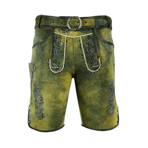 Pantalones Cortos Bávaros de Cuero Bordados Verdes para Hombre, Cintura Alta, Cierre de Botones, Estilo Casual, Diseño Floral Hecho a Mano - Product Image 1