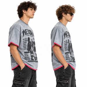 T-shirt en coton délavé surdimensionné pour homme Nexora, manches courtes, col rond, style streetwear, imprimé, bordure contrastée, jersey tricoté - Product Image 3