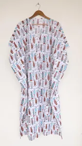 Vestido Kaftán de Algodón con Estampado de Peces Estilo Boho para Mujer, Blanco, para la Playa, con Cintura Ajustable con Cordón, Cuello en V, Ropa de Resort - Product Image 2