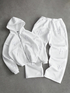 Unisex <b>White</b> Hooded Tracksuit Set Embossed Cross Design Full Zip Sweatshirt <b>Jogger</b> Pants Casual Loose Fit Autumn Wear - Product Image 3
