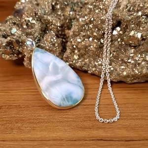 Natural Larimar Pendant 925 Sterling Silver Vintage Engagement Wedding Necklace Drop Cabochon Gemstone Jewelry for Women Gift - Product Image 1