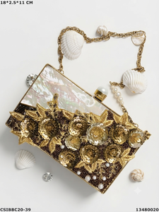 Bolso de mano rígido de lujo con bordado de lentejuelas de nácar y oro, con correa de cadena de conchas, para fiesta, con marco metálico, para mujer - Product Image 1