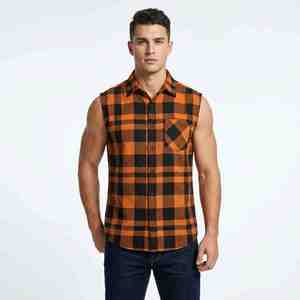 Camisa de Franela a Cuadros para Hombre, Corte Holgado, 100% Algodón, Ligera, Sin Mangas, Color Naranja y Negro, Cuello Camisero, Transpirable - Product Image 1