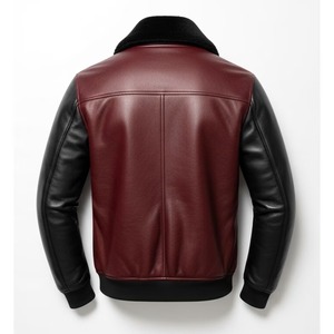 Blouson aviateur en cuir bicolore pour homme, col en peau de mouton bordeaux et noir, style aviateur chaud d'hiver, fabrication artisanale haut de gamme - Product Image 2