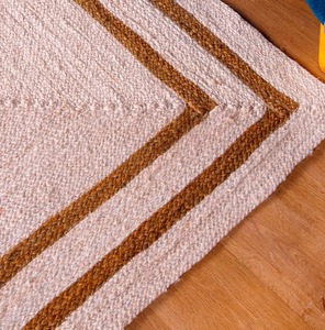 Farmhouse Striped Jute Area Rug Rectangle Flat Weave Eco Friendly Living Room Rug <b>White</b> with Brown Border - Product Image 3