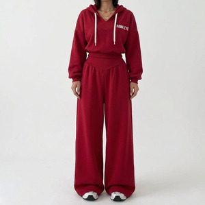 Ensemble de survêtement élégant pour femme, hiver, à capuche, en polaire unie, 2 pièces, manches courtes, 100% coton, confortable et polyvalent - Product Image 1