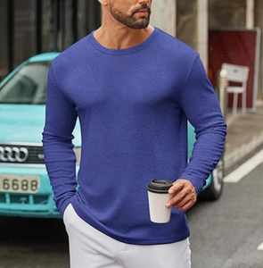 Chemise décontractée tricotée à manches longues pour homme, bleue, couleur unie, respirante, col en V, manches longues, pour le printemps, col rond décontracté pour homme - Product Image 5