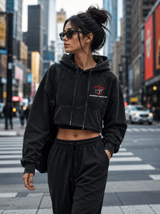 Sweat-shirt à capuche court noir délavé sur mesure pour hommes, coupe régulière, style streetwear, avec poche kangourou, 100 % coton, vente en gros - Product Image 6