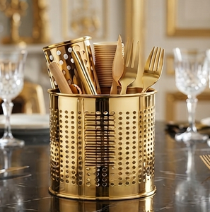 Portacubiertos Cilíndrico Dorado Perforado de Tamaño Mediano, Portacubiertos de Cocina a un Precio Accesible - Product Image 1