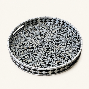 Plateau de service rond noir moderne en nacre incrustée de motifs floraux, plateau décoratif pour table basse, vente en gros - Product Image 1
