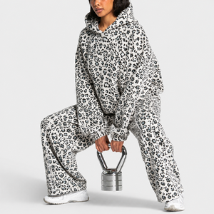 Sweat à capuche intégral pour femme, blanc et noir, imprimé léopard, avec détails contrastants, respirant, doublé, respectueux de l'environnement, manches longues, streetwear décontracté haut de gamme - Product Image 5