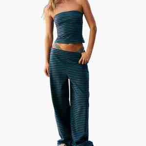 New Arrival Women Striped Tube Top And Wide Leg Pants <b>Set</b> Loose Fit Cotton Casual Spring Summer 2 <b>Piece</b> Lounge Wear <b>Sets</b> Women - Product Image 1