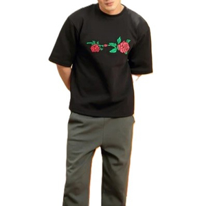 Men’s Black <b>Rose</b> Embroidered T-Shirt Stylish Floral Cotton Tee Casual Short Sleeve Crew Neck <b>Top</b> for Streetwear Fashion - Product Image 1