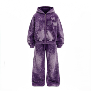 Ensemble de survêtement pour homme avec sweat à capuche zippé vert orné de strass, coupe ample, pantalon de survêtement à jambes larges, style hip-hop, 2 pièces - Product Image 2