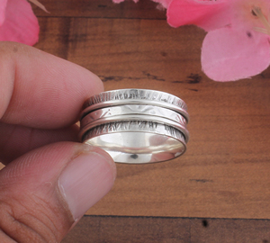 <b>925</b> <b>Sterling</b> <b>Silver</b> Classic Party Bezel Setting <b>Spinner</b> <b>Ring</b> Engraved Wave Floral Band Handmade Meditation Fidget <b>Ring</b> Vintage - Product Image 2