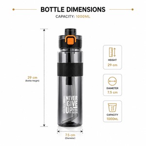 ขวดน้ำขนาดใหญ่ 1000 มล. ปลอดสาร BPA ดีไซน์ทนทาน ป้องกันการรั่วซึม เหมาะสำหรับยิม สำนักงาน กีฬา และกิจกรรมกลางแจ้ง - Product Image 2