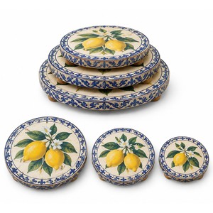 Juego de Salvamanteles de Cerámica Pintados a Mano con Diseño Tradicional de Limón, 25x25x8 cm, Apilables, Majólica, Venta al por Mayor, India - Product Image 1