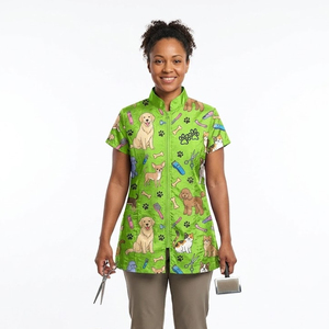 Blouse de toilettage pour femme en coton polyester sublimé, à manches courtes, avec fermeture éclair et col montant, durable et antistatique - Product Image 3