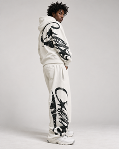 Men's Winter <b>White</b> Hooded Tracksuit Full Length Cotton Streetwear Set Black Print Logo Sleeve Leg Loose Fit <b>Sweatshirt</b> Pants - Product Image 2
