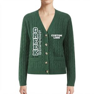 Cardigan en tricot Kapa vert à col en V et manches longues pour femme, style preppy avec numéro appliqué, 100 % coton, idéal pour l'hiver et les sororités - Product Image 1