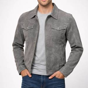 Francis Mens Grey <b>Suede</b> Breathable Winter Trucker <b>Jacket</b>-Genuine Leather - Trucker Leather <b>Jacket</b> Grey <b>Suede</b> - Product Image 1