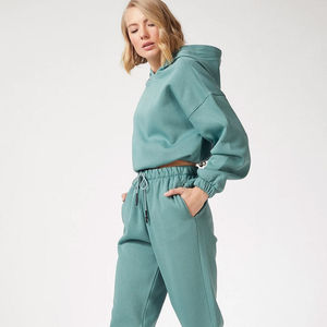 Conjunto Deportivo con Capucha Color Verde Azulado para Mujer, Sudadera Larga y Pantalones Deportivos, Color Sólido, Corte Holgado Informal, 100% Algodón, Ropa de Otoño - Product Image 1