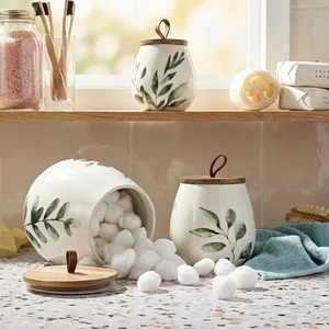 Handcrafted Ceramic Canister Set Wooden <b>Lid</b> Botanical Artwork Airtight Kitchen Storage Jars Rustic Farmhouse Counter <b>Decor</b> - Product Image 5
