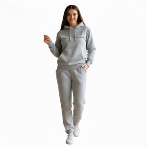 Gray Hooded Tracksuit Set Full Sleeve Solid Color Casual Wear with Side Pockets and Elastic Waist 100% Cotton Autumn Style - Product Image 6