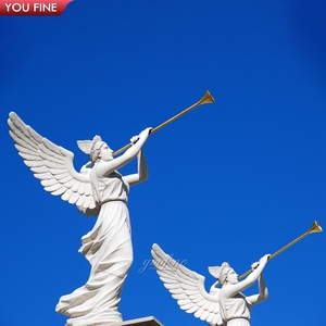 Statue d'ange en marbre blanc YOUFINE avec <span class=keywords><strong>trompette</strong></span>, sculpture d'ange ailé sculptée à la main pour la décoration de jardin - Product Image 3