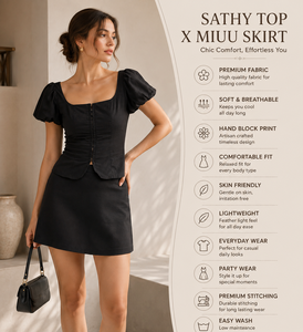 Ensemble deux pièces de qualité supérieure pour les vacances - Blouse noire élégante à manches bouffantes et mini-jupe plissée moderne décontractée - Product Image 6
