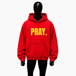 Custom Red Oversized Pullover <b>Hoodie</b> With <b>Yellow</b> PRAY Graphic Print Streetwear Unisex Drop Shoulder Fleece Hoodies For <b>Men</b> Women - Product Image 1