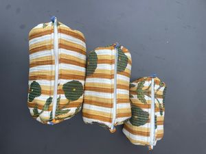 Pochette cosmétique matelassée rayée avec fermeture éclair à motif de feuilles, en coton, style vintage, utilisable toute l'année - Product Image 2