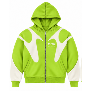 Lime Green Contrast Panel <b>Zip</b> Up <b>Hoodie</b> Men Streetwear Full Zipper Long Sleeve Casual Fleece Hooded Jacket With Side <b>Pockets</b> - Product Image 1