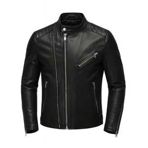 Men's PU Eco-friendly Garment Dyed Motorcycle Jacket Stand Collar Zipper Closure Slim Fit Solid <b>Black</b> Winter Wear - Product Image 1