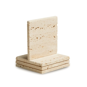 Honed Beige Travertine Square Stone <b>Coaster</b> Set | Premium Cream Limestone Coffee <b>Table</b> & Executive Desk Accessory - Product Image 1