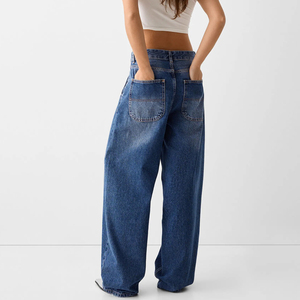 Jeans de Mezclilla de Cintura Alta y Pierna Ancha para Mujer, Lavado a la Piedra, Corte Holgado, Color Sólido, Estilo Casual, Material de Algodón - Product Image 2