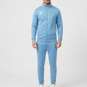 Conjunto Deportivo Azul Claro para Hombre, Manga Larga, Cuello Alto, Cierre Frontal con Cremallera, Logotipo, Ropa Deportiva Informal, Color Sólido, Transpirable, para Primavera - Product Image 1